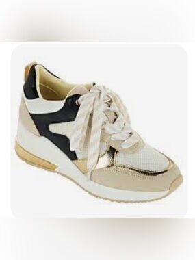 J/Slides Urban Sport Women's Bebe Fashion Wedge Sneaker Cream/Black/Gold Size 7